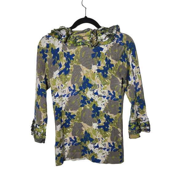 Twelve by Twelve Floral 3/4 Sleeve Full Zip Cardigan Sweater Size Medium Ruffled - Picture 2 of 11